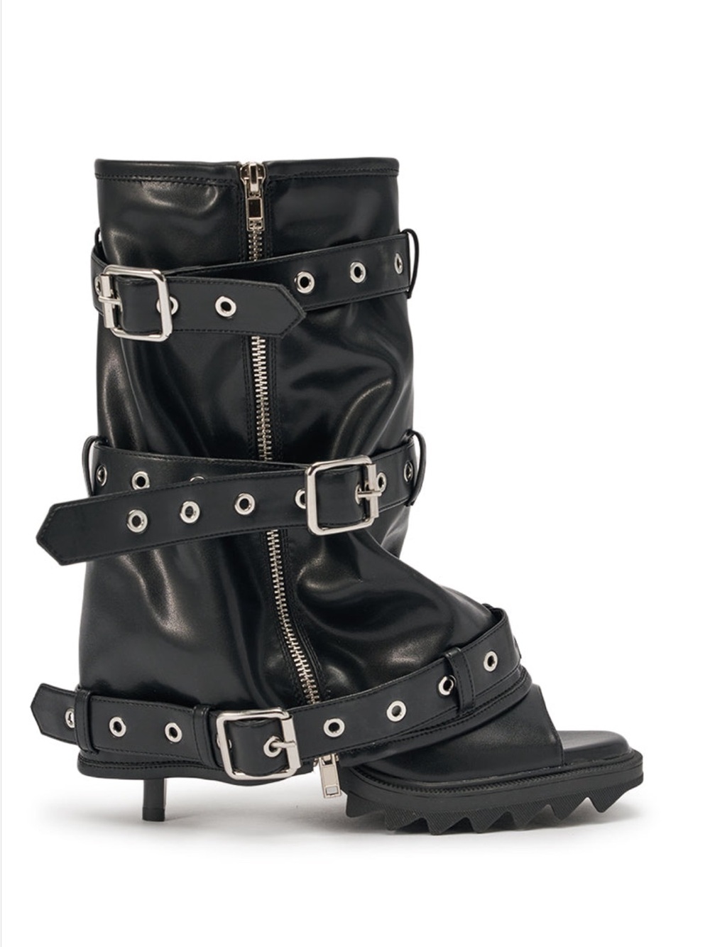 Black Buckle Strap Mid-Calf Heeled Boots